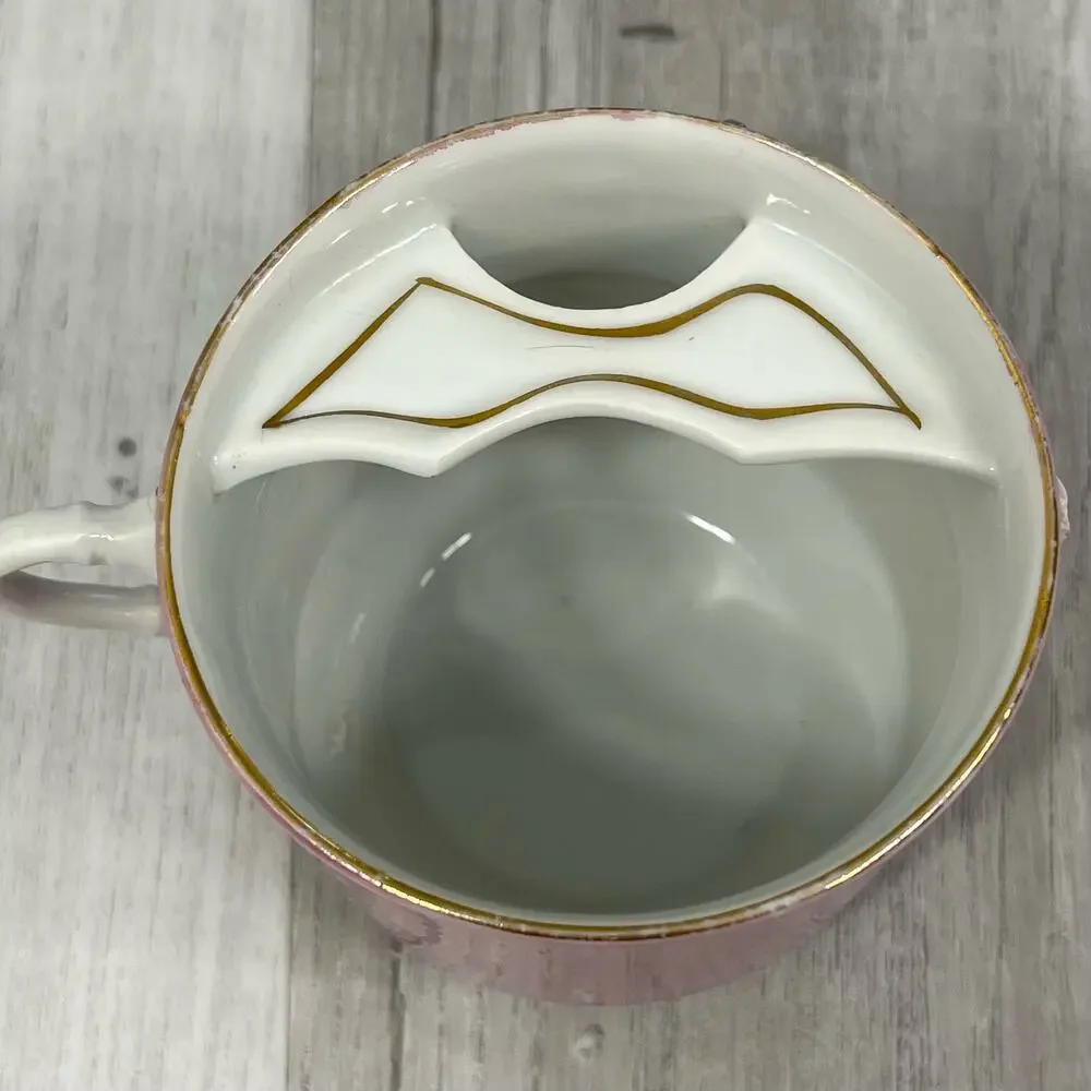 Vintage Victorian Raised Floral Accent Gold Trim Mustache Guard Mug Cup Decor